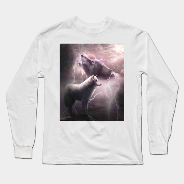 Lightning Wolf Howling At The Moon Long Sleeve T-Shirt by Random Galaxy